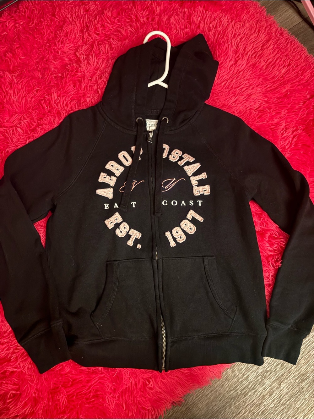 Aeropostale Black Zip Hoodie with Light Pink Appliqué Logo